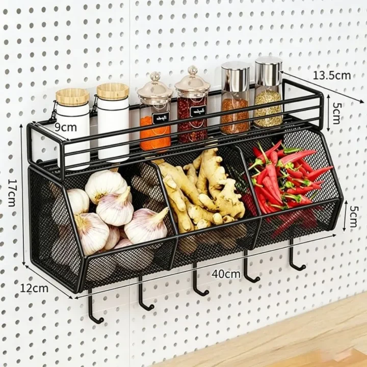 New Wall Mounted Kitchen Storage Rack Carbon Steel Punch-Free Vegetable Drainage Basket Grid Design Spice Storage Shelf Kitchen Use